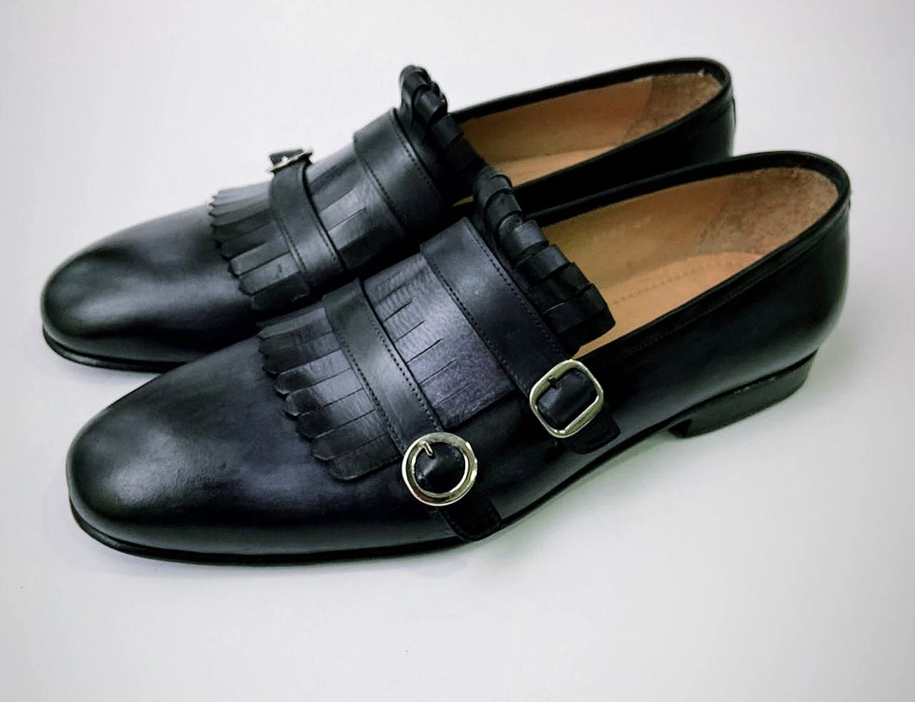 Tucci Di Lusso Mens Gray-Black handmade Italian leather luxury Double Buckle Monkstrap Kiltie Loafers Popular Loafers