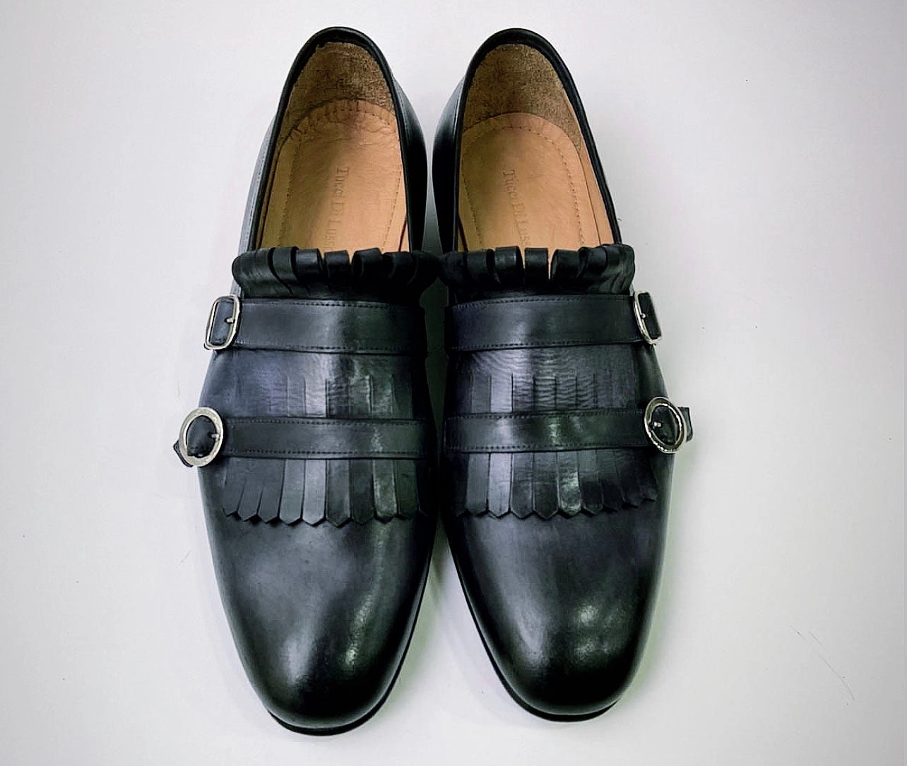 Tucci Di Lusso Mens Gray-Black handmade Italian leather luxury Double Buckle Monkstrap Kiltie Loafers Valentino Rockstud Loafers
