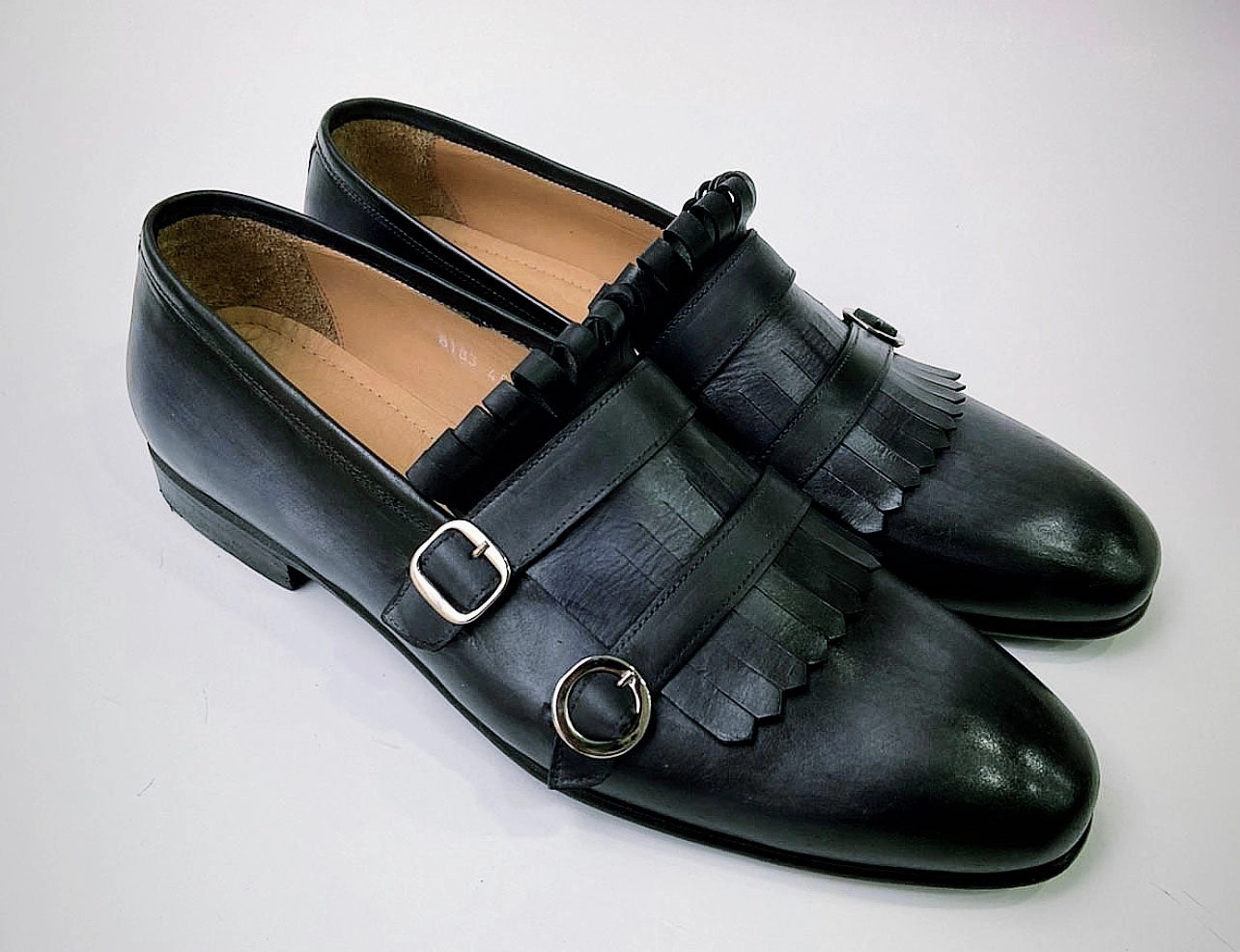 Tucci Di Lusso Mens Gray-Black handmade Italian leather luxury Double Buckle Monkstrap Kiltie Loafers Loafers Wedges
