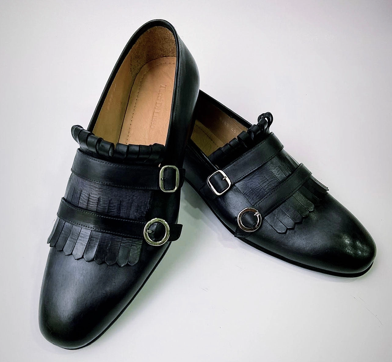 Tucci Di Lusso Mens Gray-Black handmade Italian leather luxury Double Buckle Monkstrap Kiltie Loafers Light In Loafers