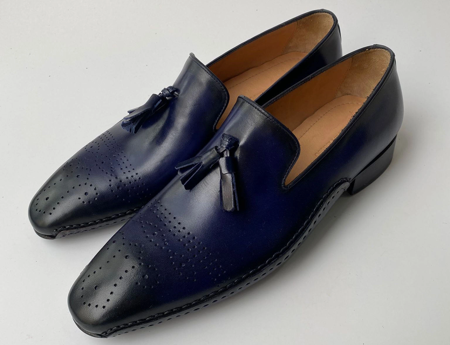 Tucci Di Lusso Mens Navy Blue Hand-welted Luxury Italian leather Slip on Tassel Loafers shoes Loafers With Stars