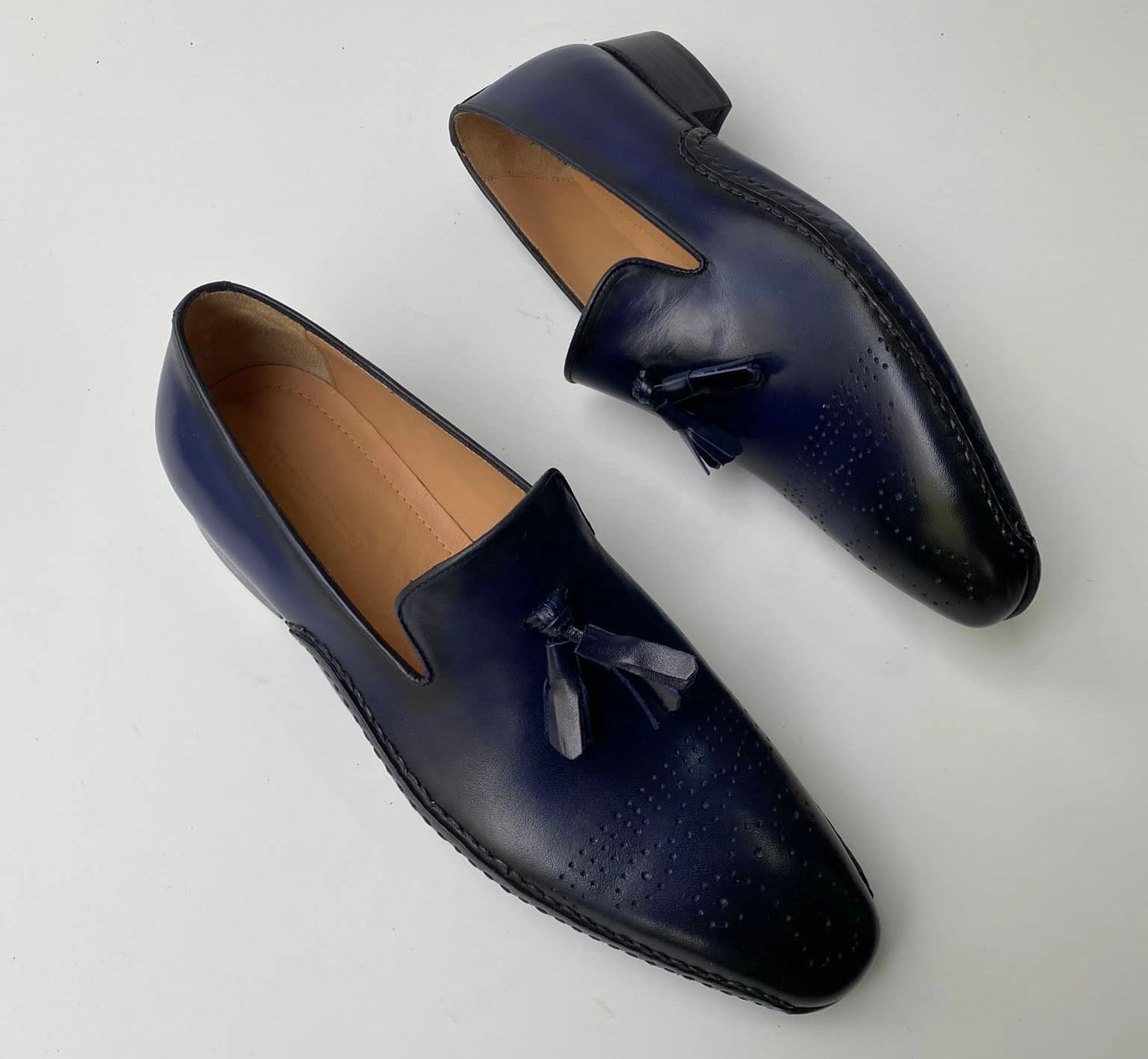 Tucci Di Lusso Mens Navy Blue Hand-welted Luxury Italian leather Slip on Tassel Loafers shoes Penny Loafers Cheap