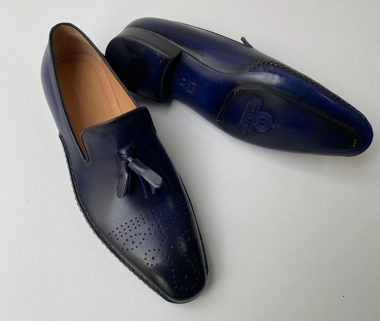 Tucci Di Lusso Mens Navy Blue Hand-welted Luxury Italian leather Slip on Tassel Loafers shoes Rancourt Loafers