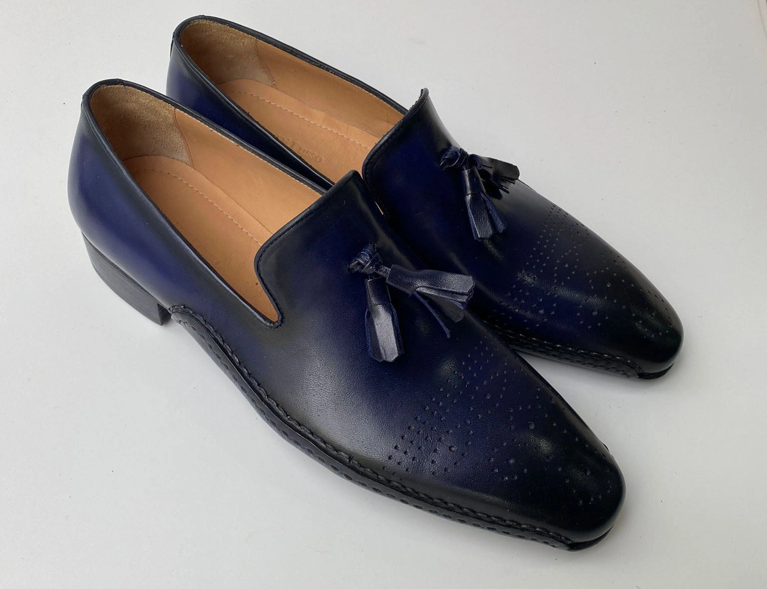 J Crew Loafers Tucci Di Lusso Mens Navy Blue Hand-welted Luxury Italian leather Slip on Tassel Loafers shoes