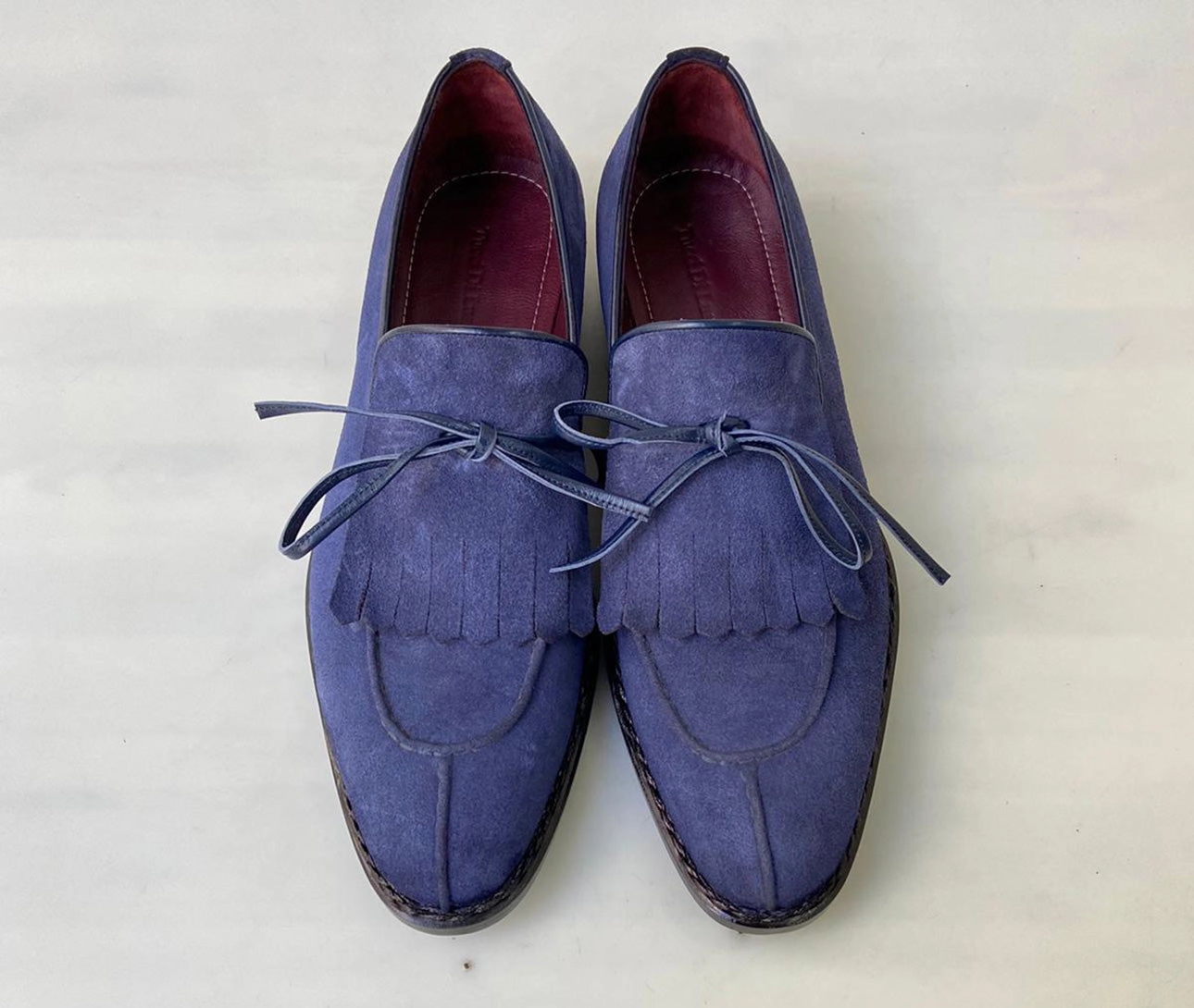 Tucci Di Lusso Mens Navy Blue handmade Italian Suede luxury Split Toe Kiltie Loafers Ganni Loafers