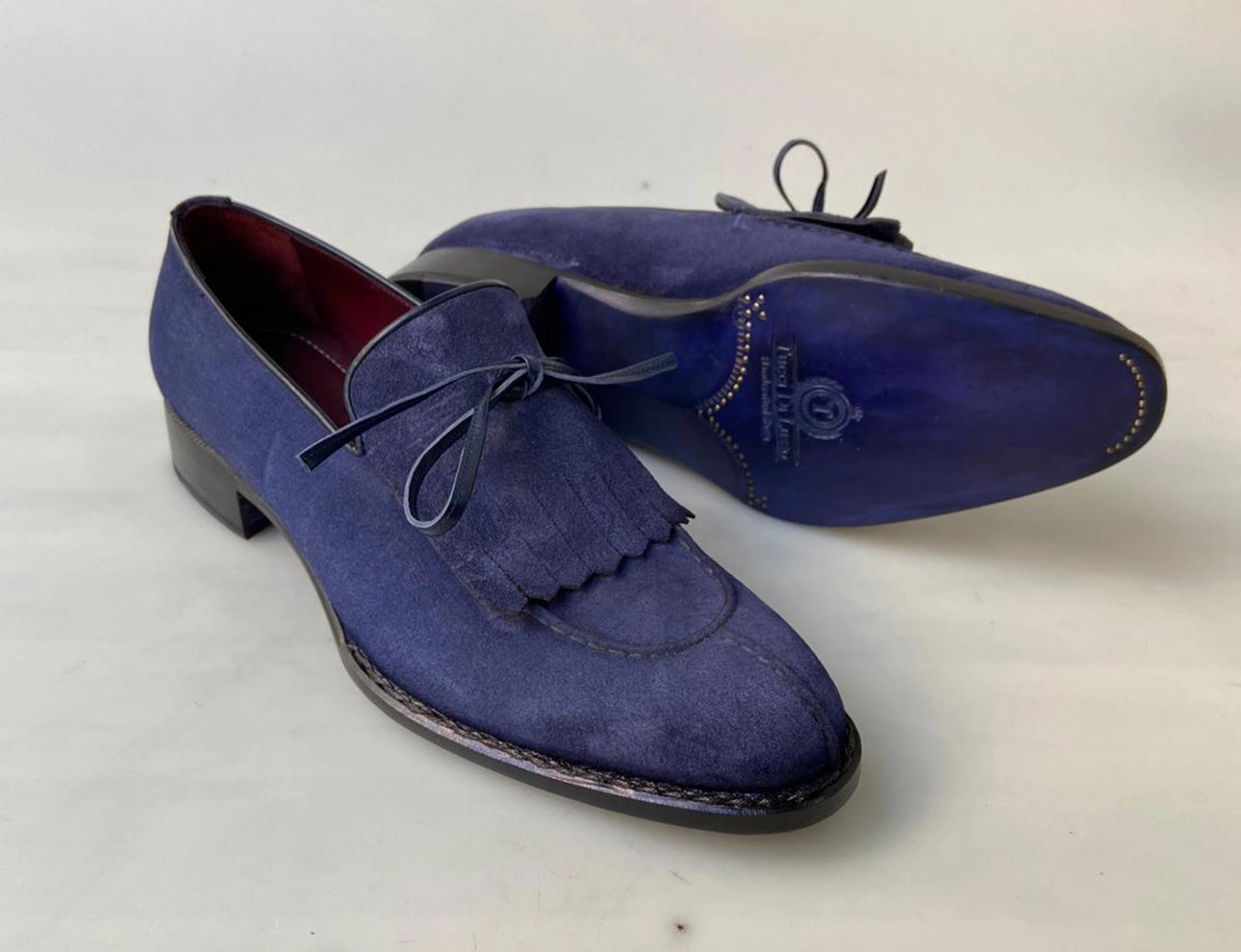 Tux With Loafers Tucci Di Lusso Mens Navy Blue handmade Italian Suede luxury Split Toe Kiltie Loafers