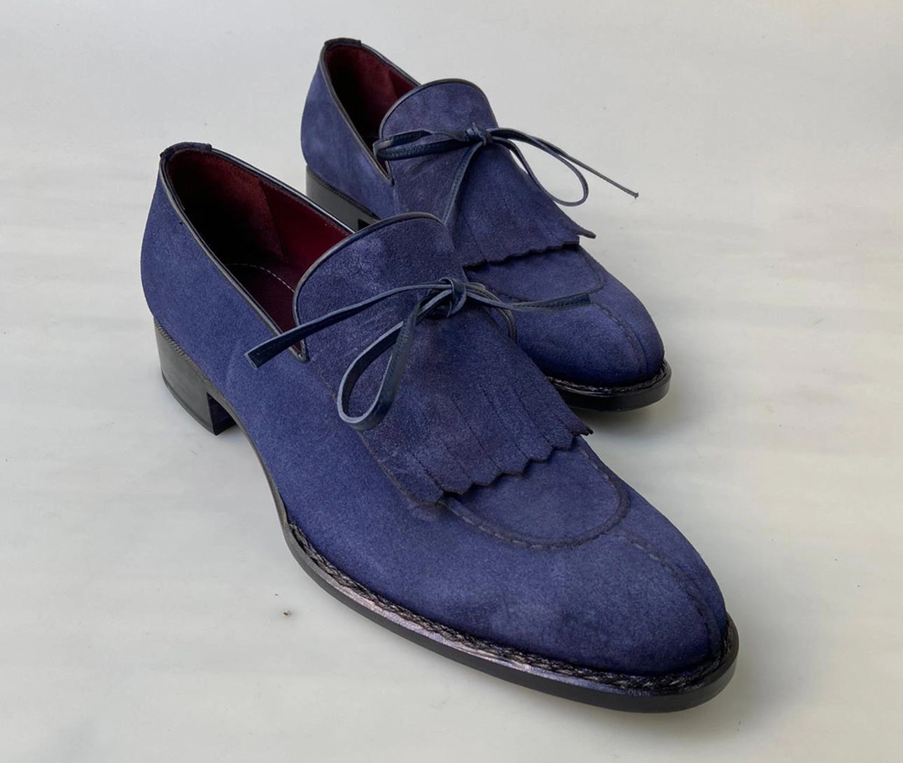 Tucci Di Lusso Mens Navy Blue handmade Italian Suede luxury Split Toe Kiltie Loafers Loafers Other Stories
