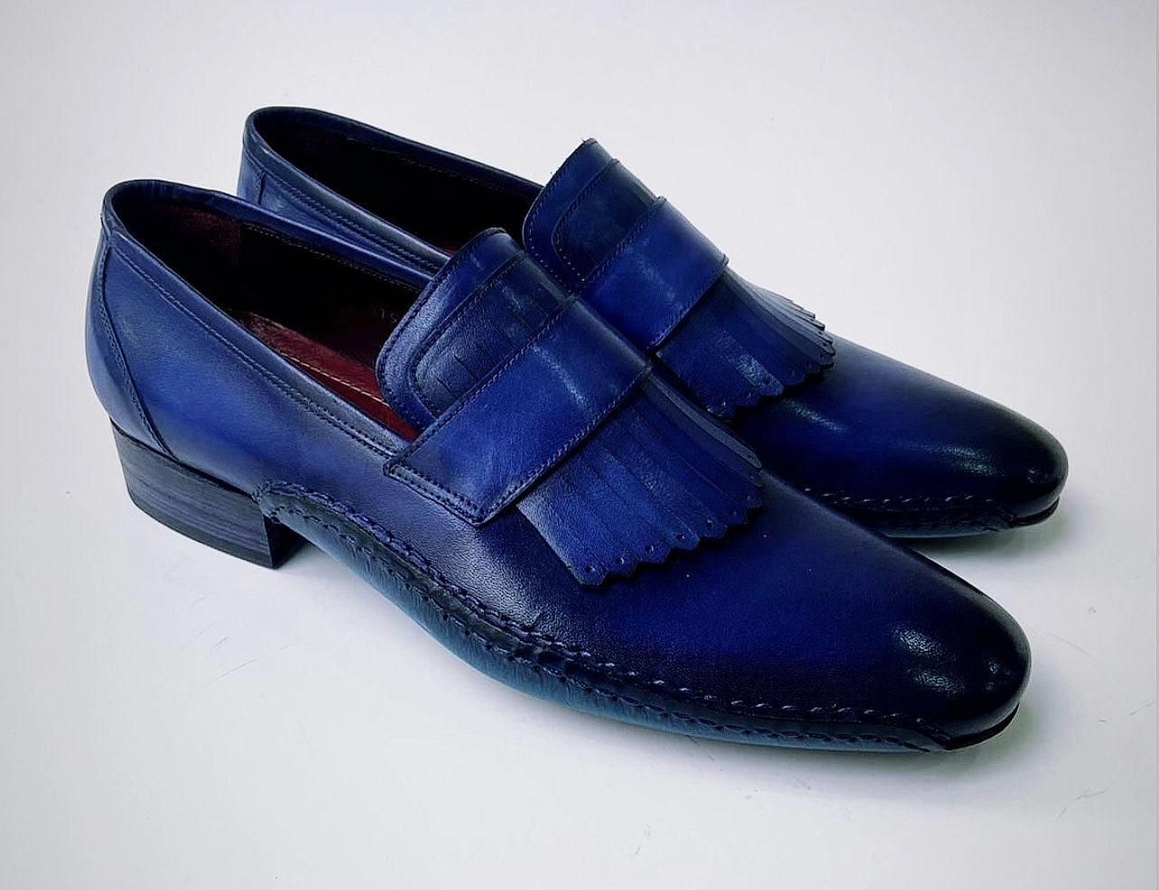 Tucci Di Lusso Mens Royal Blue Hand-welted Italian Calf Skin leather luxury Kiltie Loafers Loafers Pointed