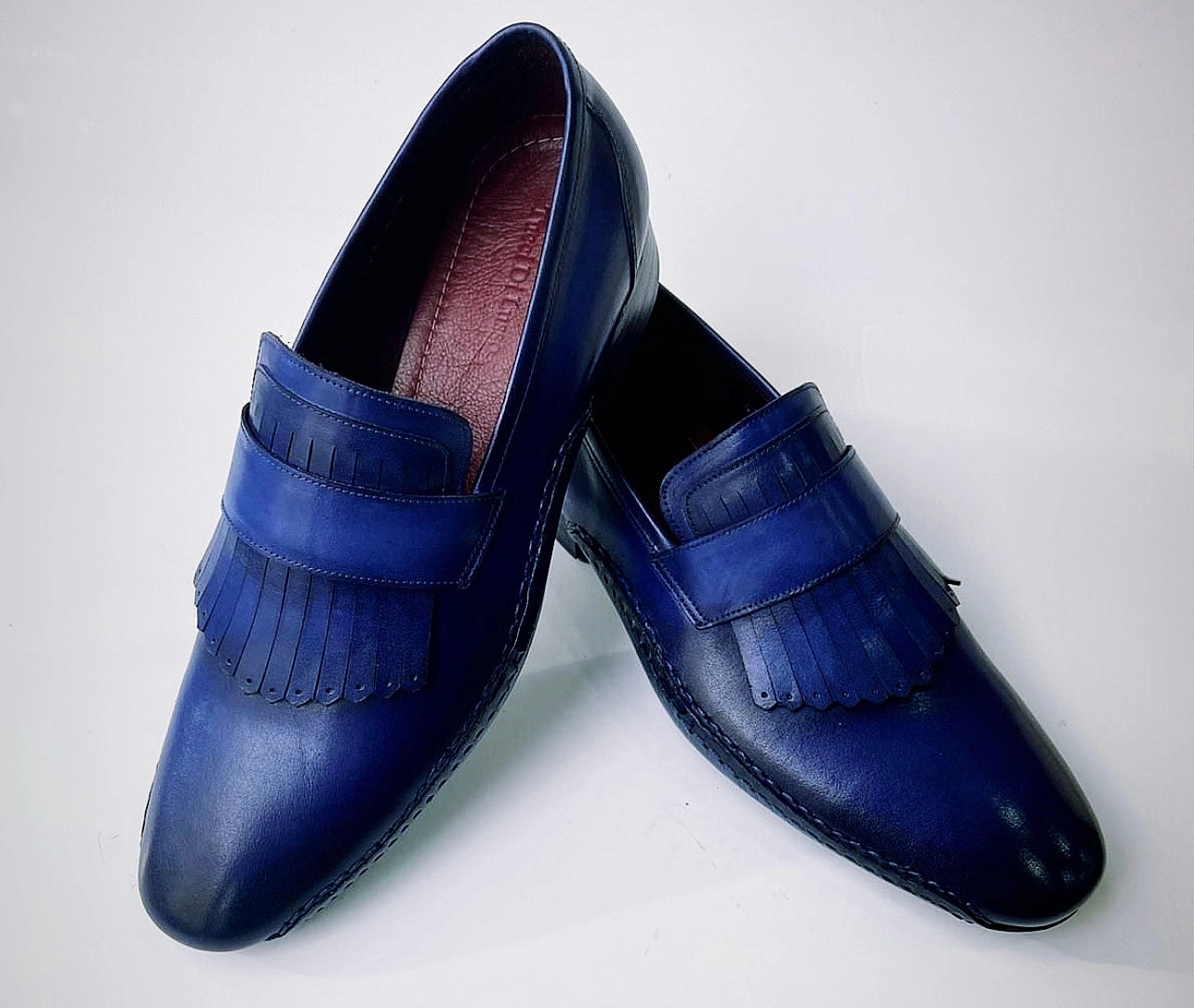 Vibram Sole Loafers Tucci Di Lusso Mens Royal Blue Hand-welted Italian Calf Skin leather luxury Kiltie Loafers