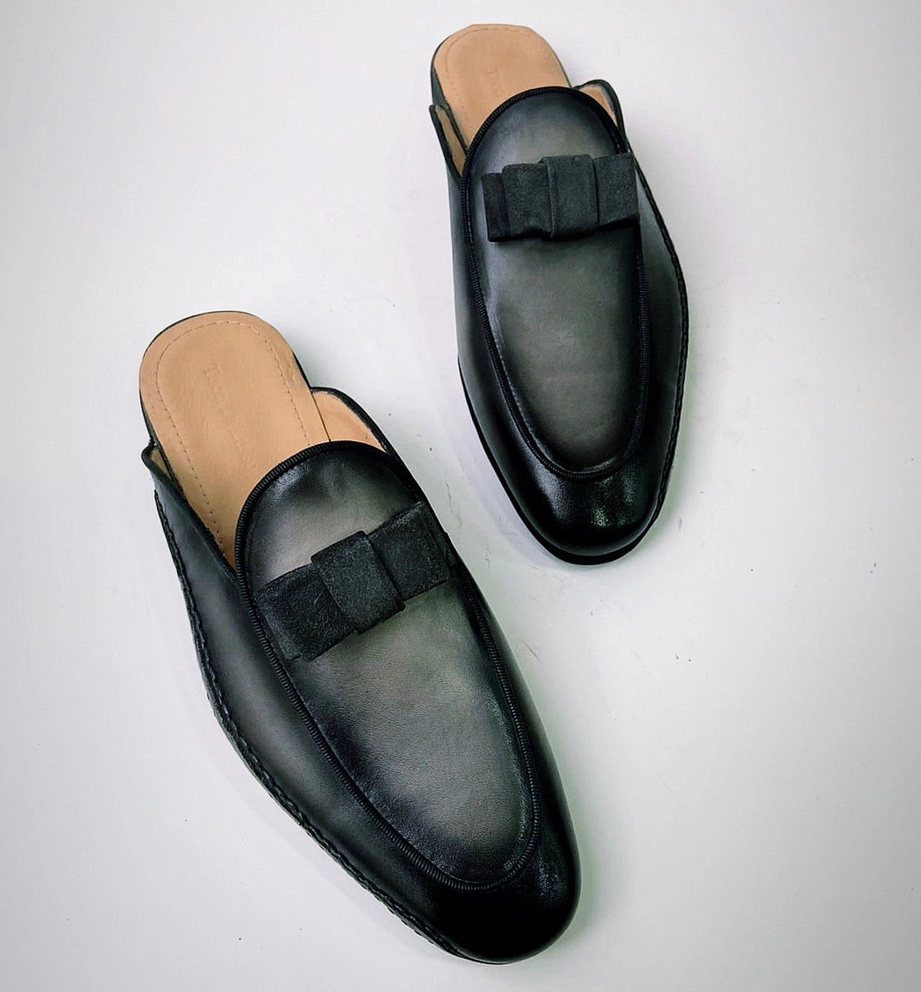 Tucci Di Lusso Mens Two Tone Black-Gray Handmade Luxury Italian Leather Slippers Mule with Bow tie House Bootie Slippers