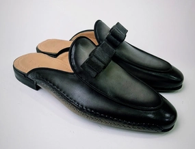 Slippers In Tucci Di Lusso Mens Two Tone Black-Gray Handmade Luxury Italian Leather Slippers Mule with Bow tie