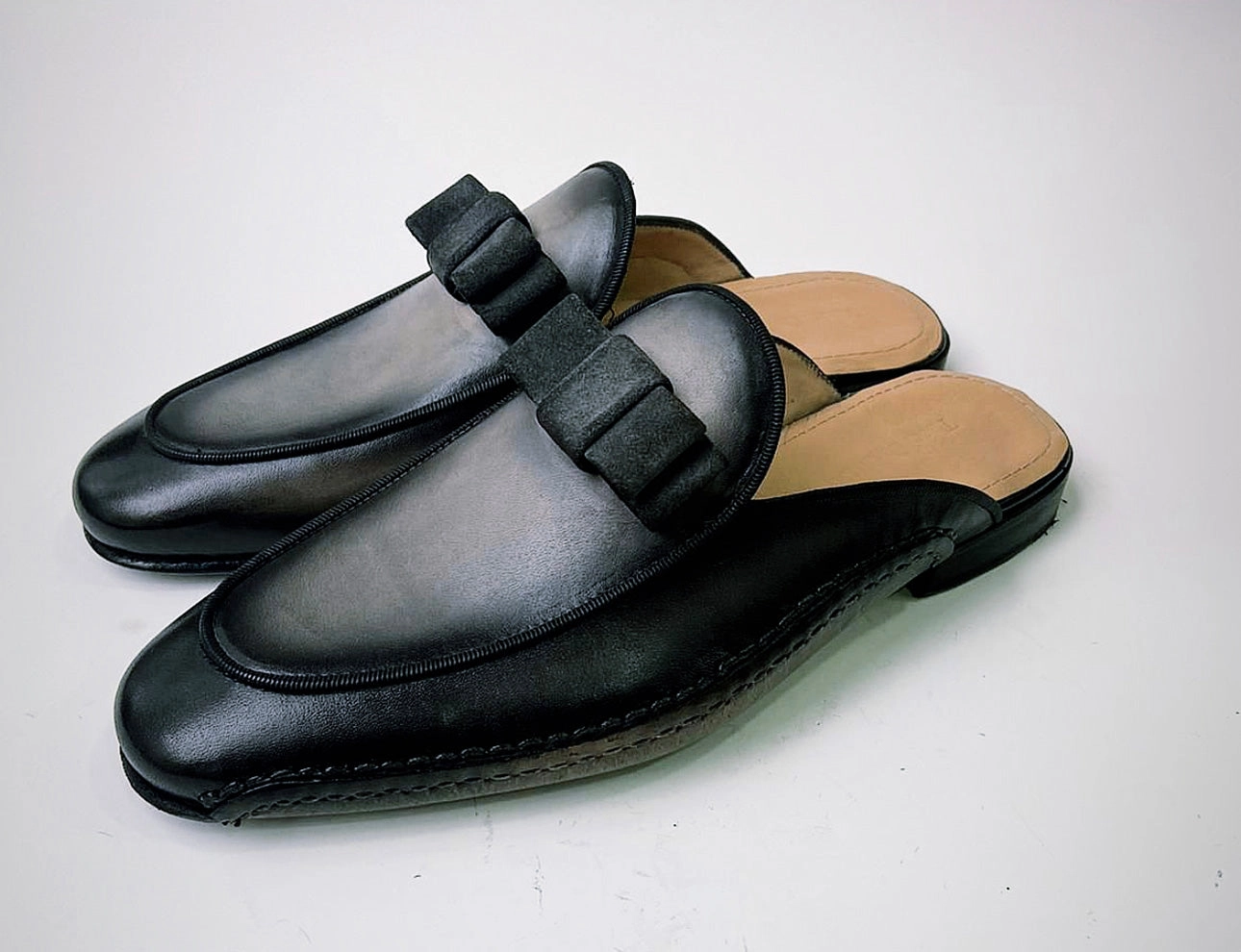 Rack Room Slippers Tucci Di Lusso Mens Two Tone Black-Gray Handmade Luxury Italian Leather Slippers Mule with Bow tie