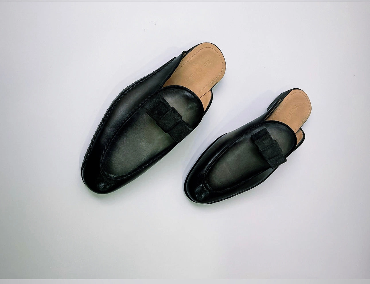 Tucci Di Lusso Mens Two Tone Black-Gray Handmade Luxury Italian Leather Slippers Mule with Bow tie Folding Slippers For Travel