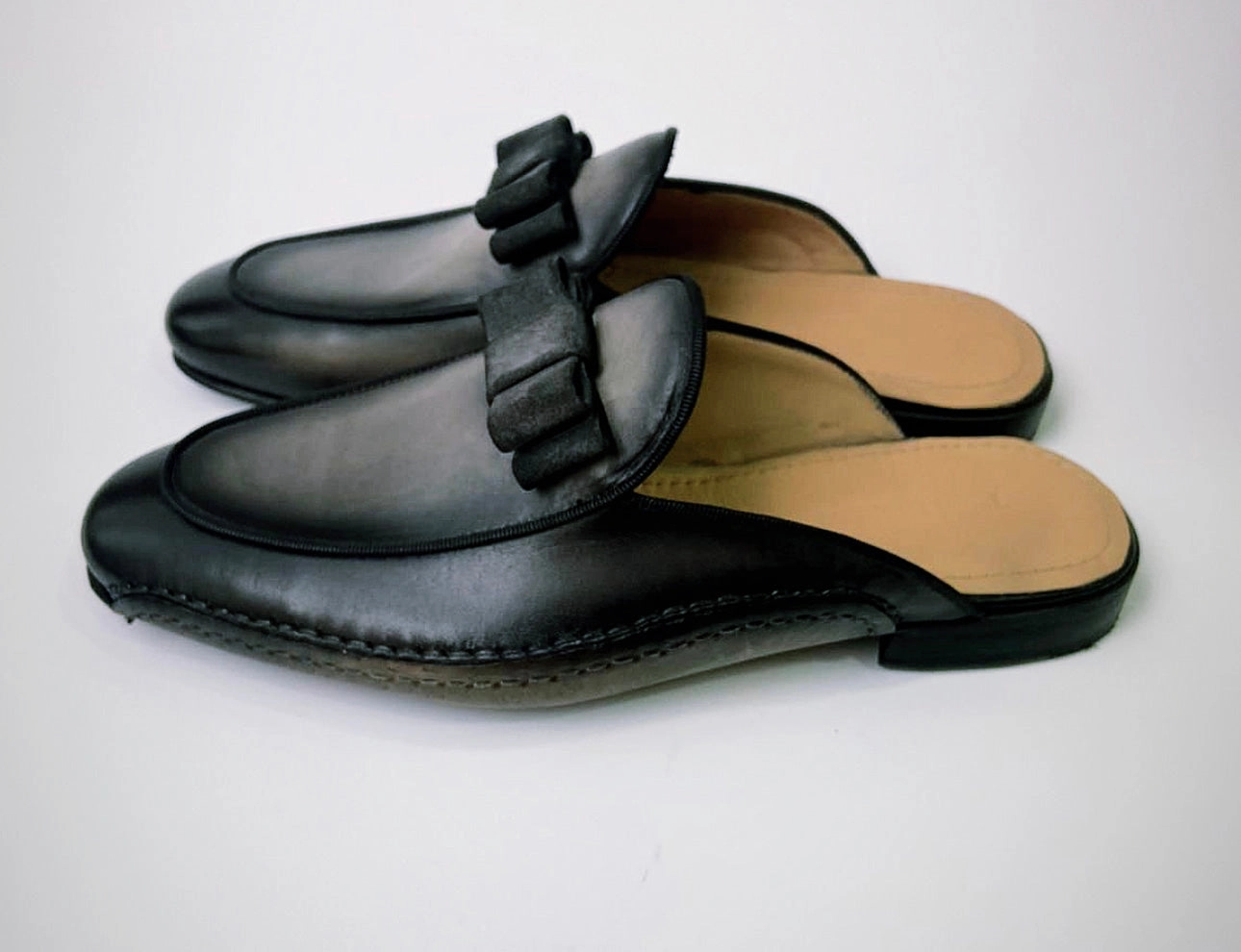 Silver Slippers Medicare Tucci Di Lusso Mens Two Tone Black-Gray Handmade Luxury Italian Leather Slippers Mule with Bow tie