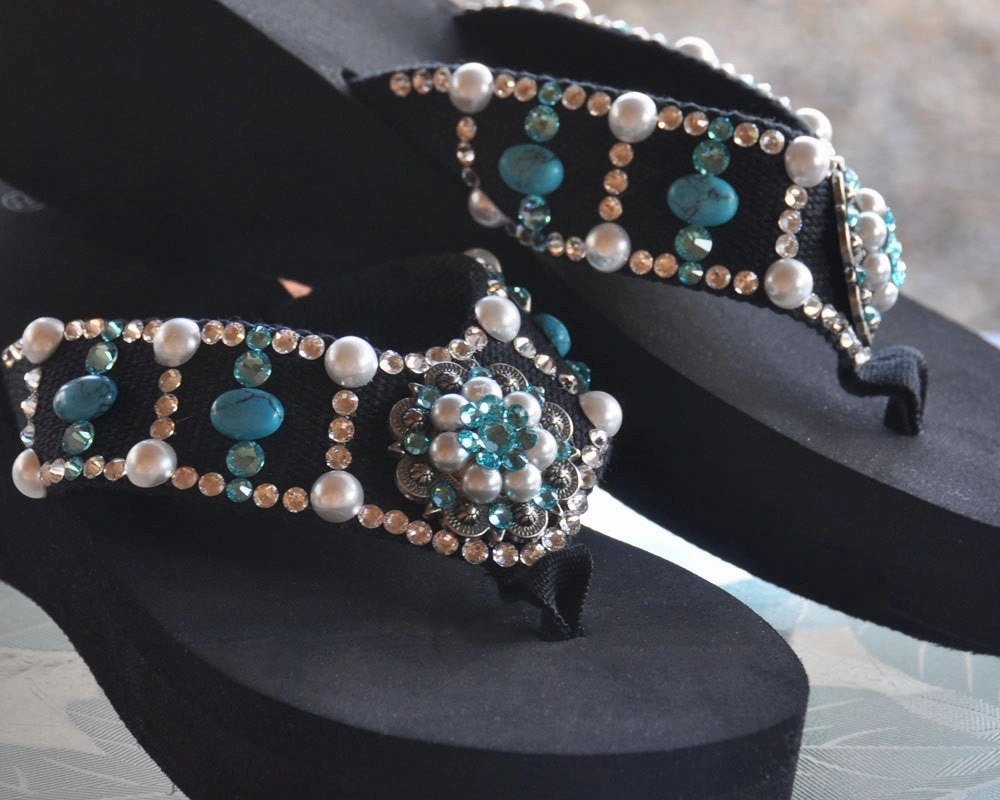 Fabric Covered Flip Flops Turquoise and Pearl Concho Diva's Swarovski Crystal Flip Flops with a Southwest Flair.