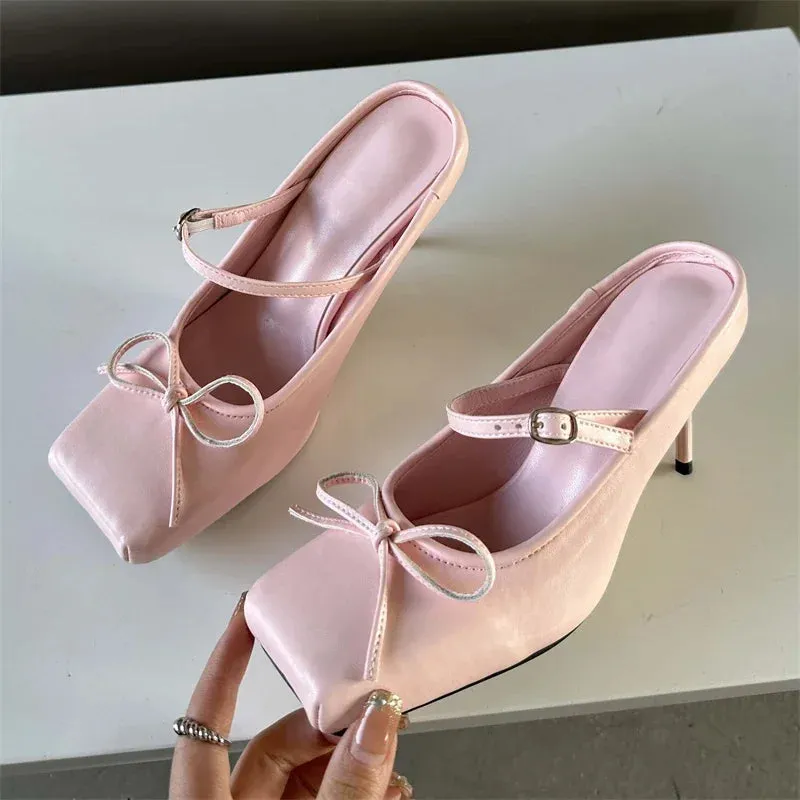 Ballet Flat Slippers binfenxie  New Design Bowknot Square Toe Women Pumps Sexy Buckle Strap Thin High Heels Banquet Prom Mule Slippers Shoes