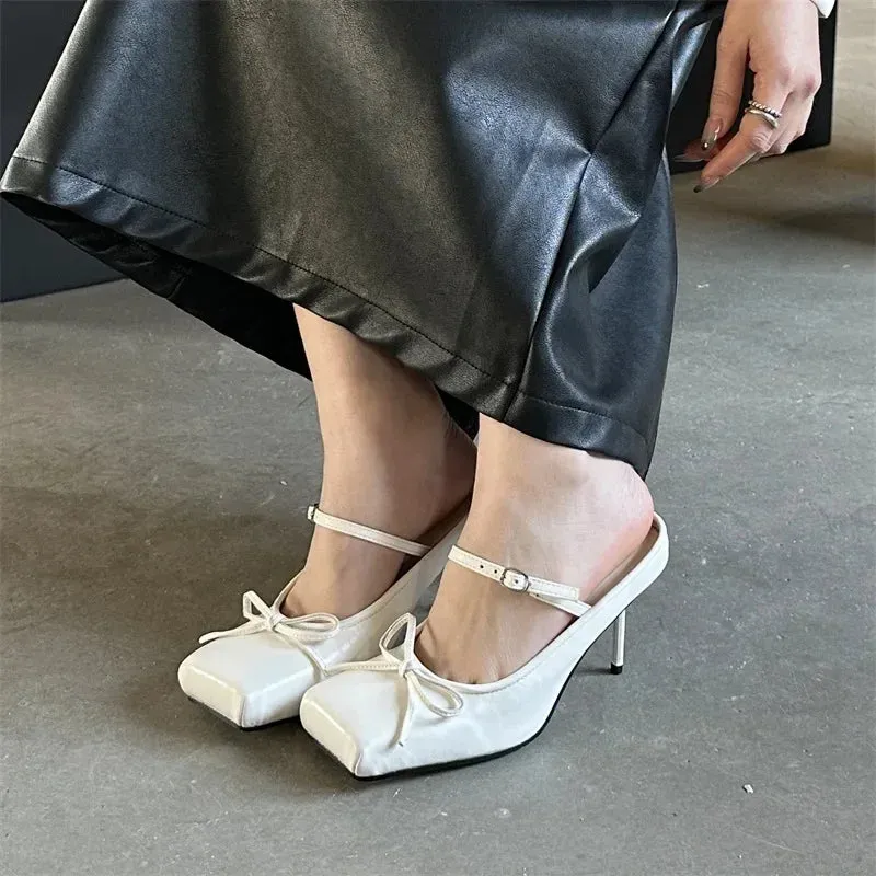 Most Comfy Slippers In The World binfenxie  New Design Bowknot Square Toe Women Pumps Sexy Buckle Strap Thin High Heels Banquet Prom Mule Slippers Shoes