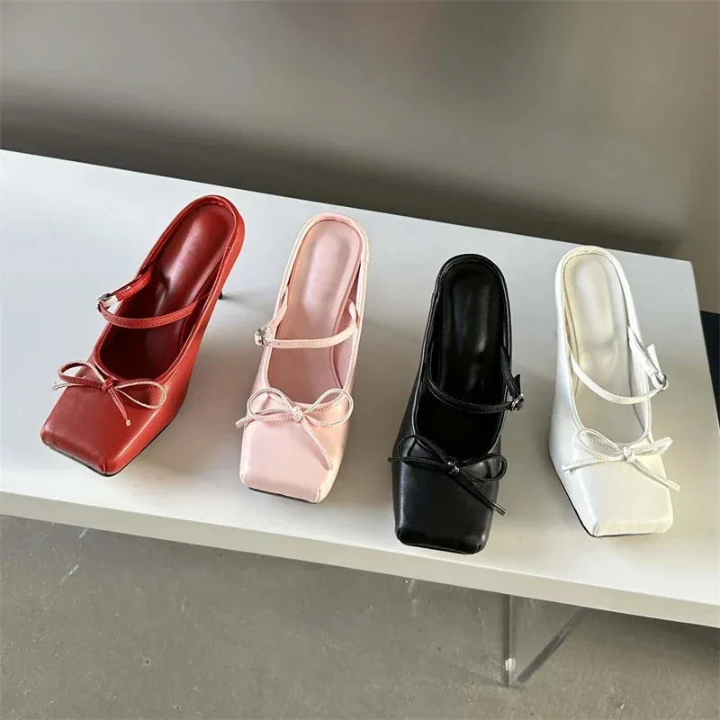 Home Top Slippers binfenxie  New Design Bowknot Square Toe Women Pumps Sexy Buckle Strap Thin High Heels Banquet Prom Mule Slippers Shoes