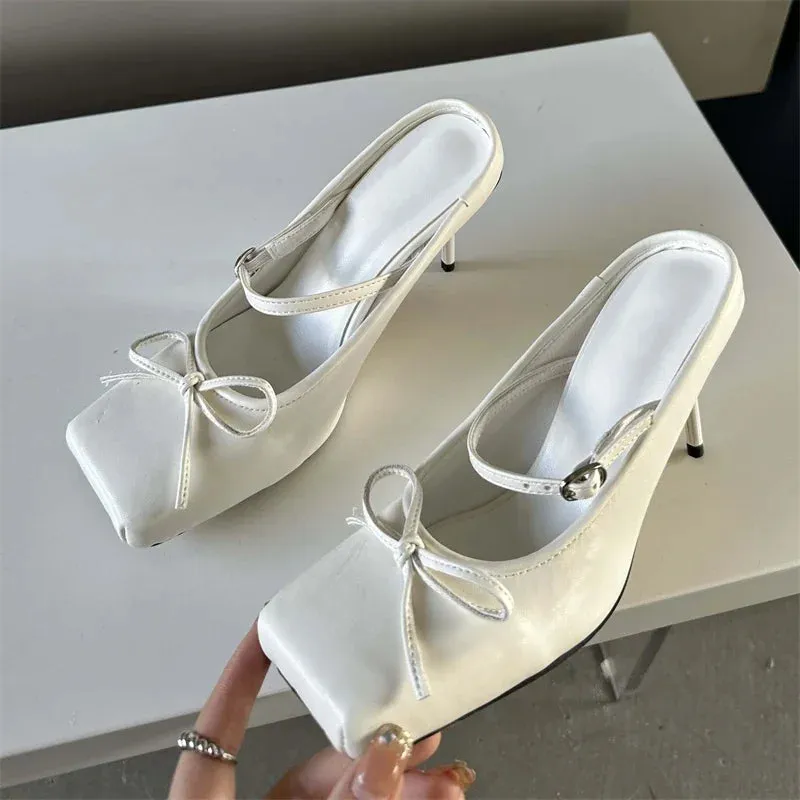 binfenxie  New Design Bowknot Square Toe Women Pumps Sexy Buckle Strap Thin High Heels Banquet Prom Mule Slippers Shoes Shop Slippers