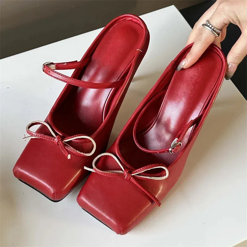 Strap Slides binfenxie  New Design Bowknot Square Toe Women Pumps Sexy Buckle Strap Thin High Heels Banquet Prom Mule Slippers Shoes