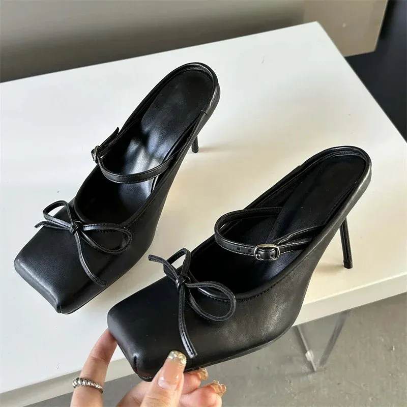 Tamarac Slippers binfenxie  New Design Bowknot Square Toe Women Pumps Sexy Buckle Strap Thin High Heels Banquet Prom Mule Slippers Shoes