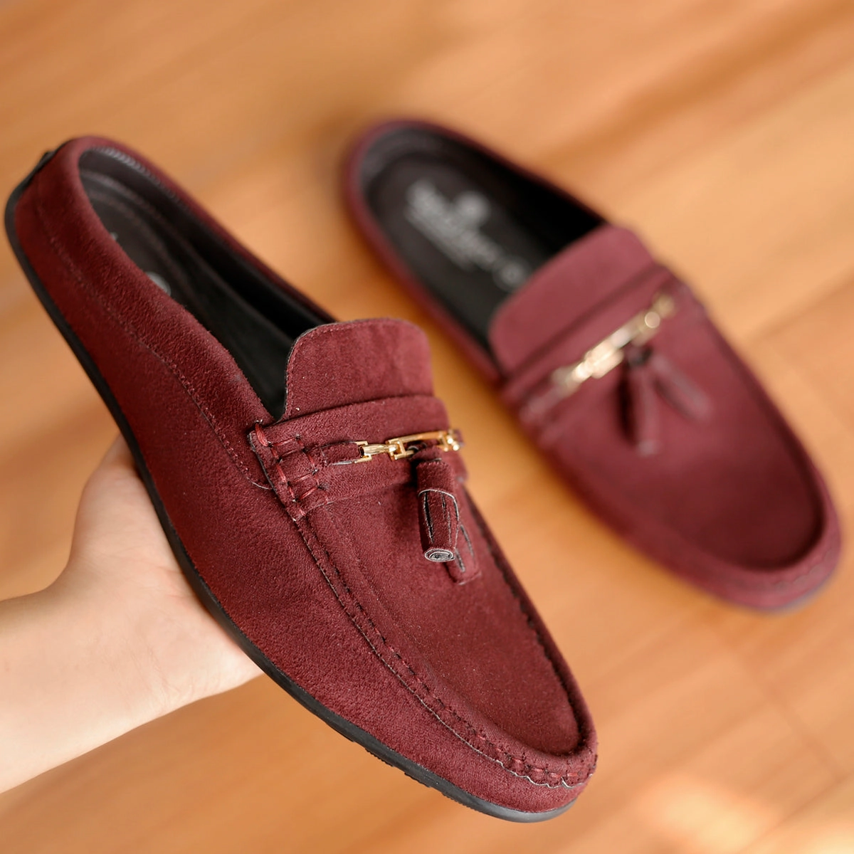 Bacca Bucci JAMBOREE Fashion Mules/Clogs/Backless Loafers for Party/Travel/Office-Velvet Maroon Penny Loafers With Shorts