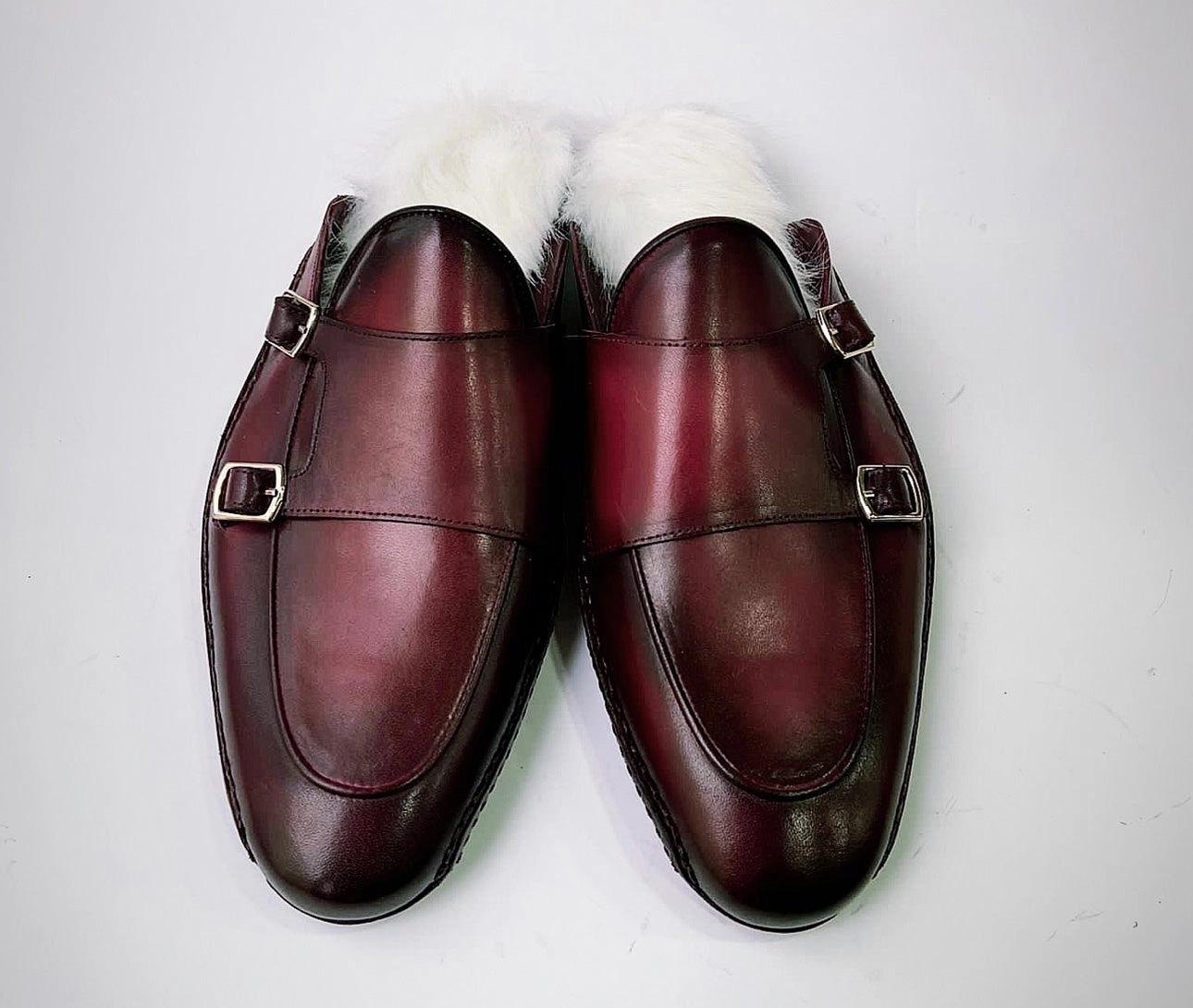 Flip Flop Slippers Tucci Di Lusso Special Edition Mens Burgundy Handcrafted Italian Leather Luxury Slippers Mule with White Calf hair Insole