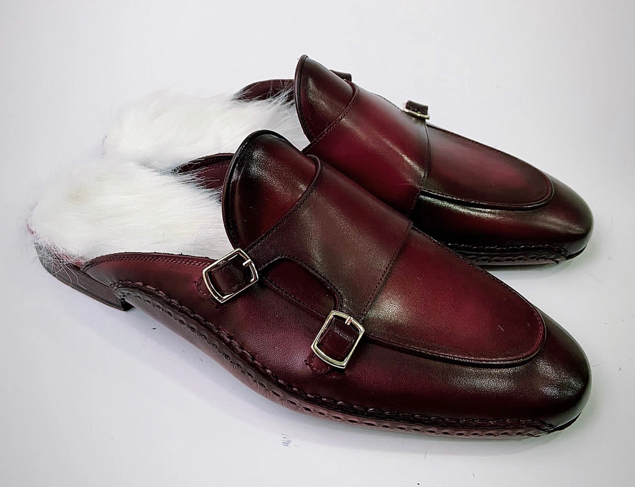 Orthotic Slippers Tucci Di Lusso Special Edition Mens Burgundy Handcrafted Italian Leather Luxury Slippers Mule with White Calf hair Insole