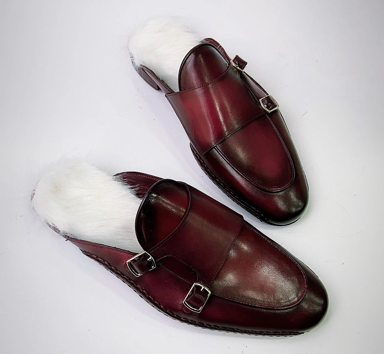 Tucci Di Lusso Special Edition Mens Burgundy Handcrafted Italian Leather Luxury Slippers Mule with White Calf hair Insole Slide Slippers