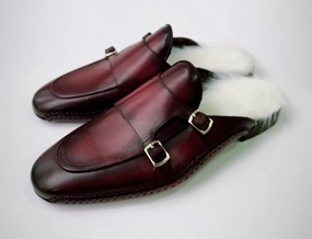 Tucci Di Lusso Special Edition Mens Burgundy Handcrafted Italian Leather Luxury Slippers Mule with White Calf hair Insole Cloth Slippers
