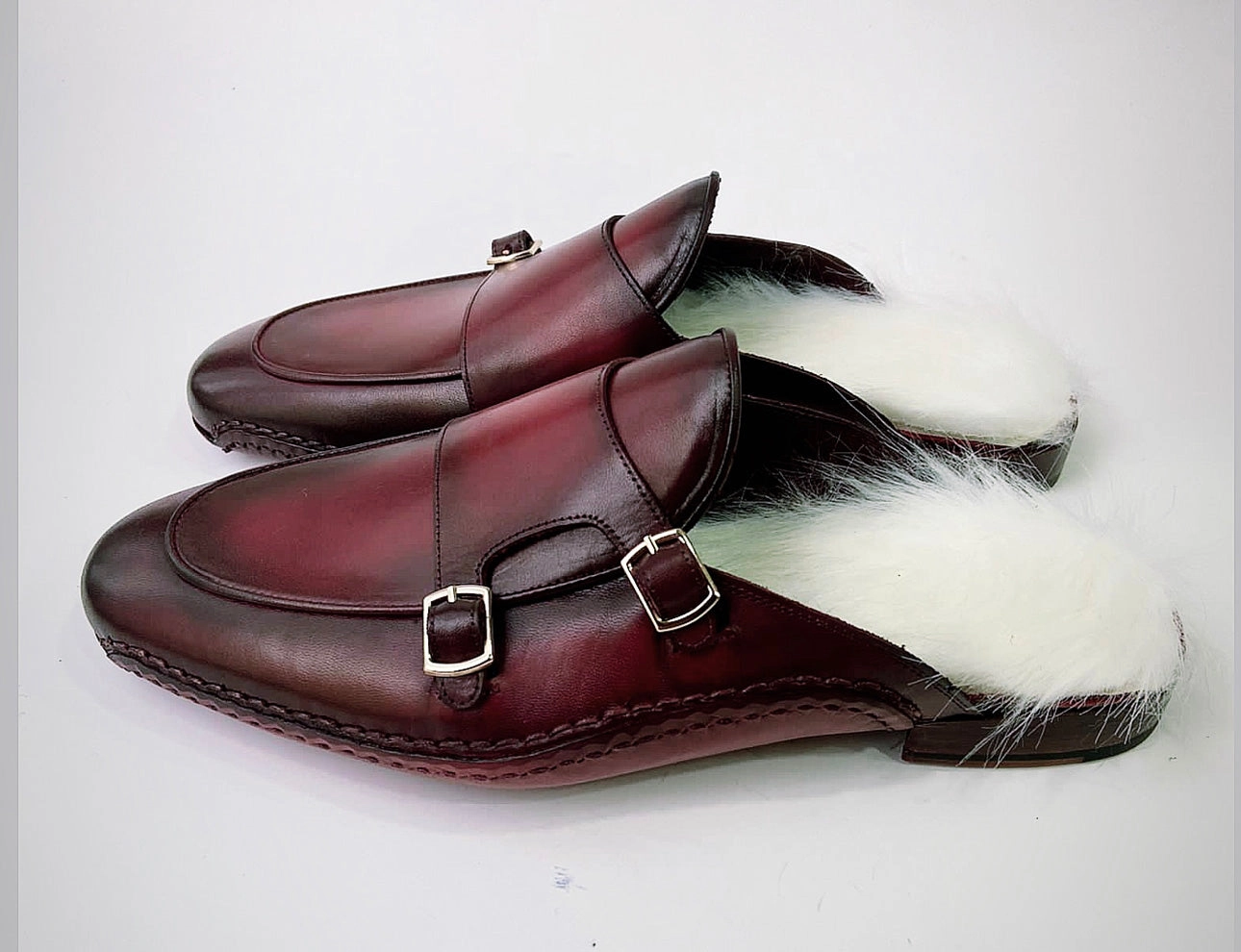 Tucci Di Lusso Special Edition Mens Burgundy Handcrafted Italian Leather Luxury Slippers Mule with White Calf hair Insole Daniel Green Bedroom Slippers