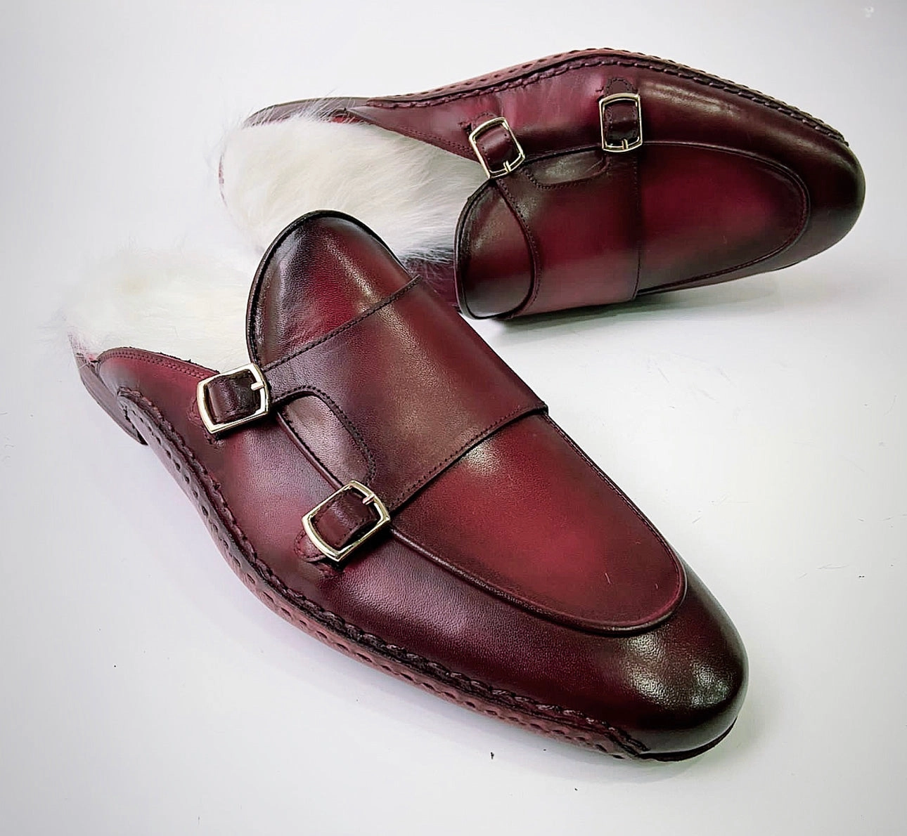 Bridemaids Slippers Tucci Di Lusso Special Edition Mens Burgundy Handcrafted Italian Leather Luxury Slippers Mule with White Calf hair Insole