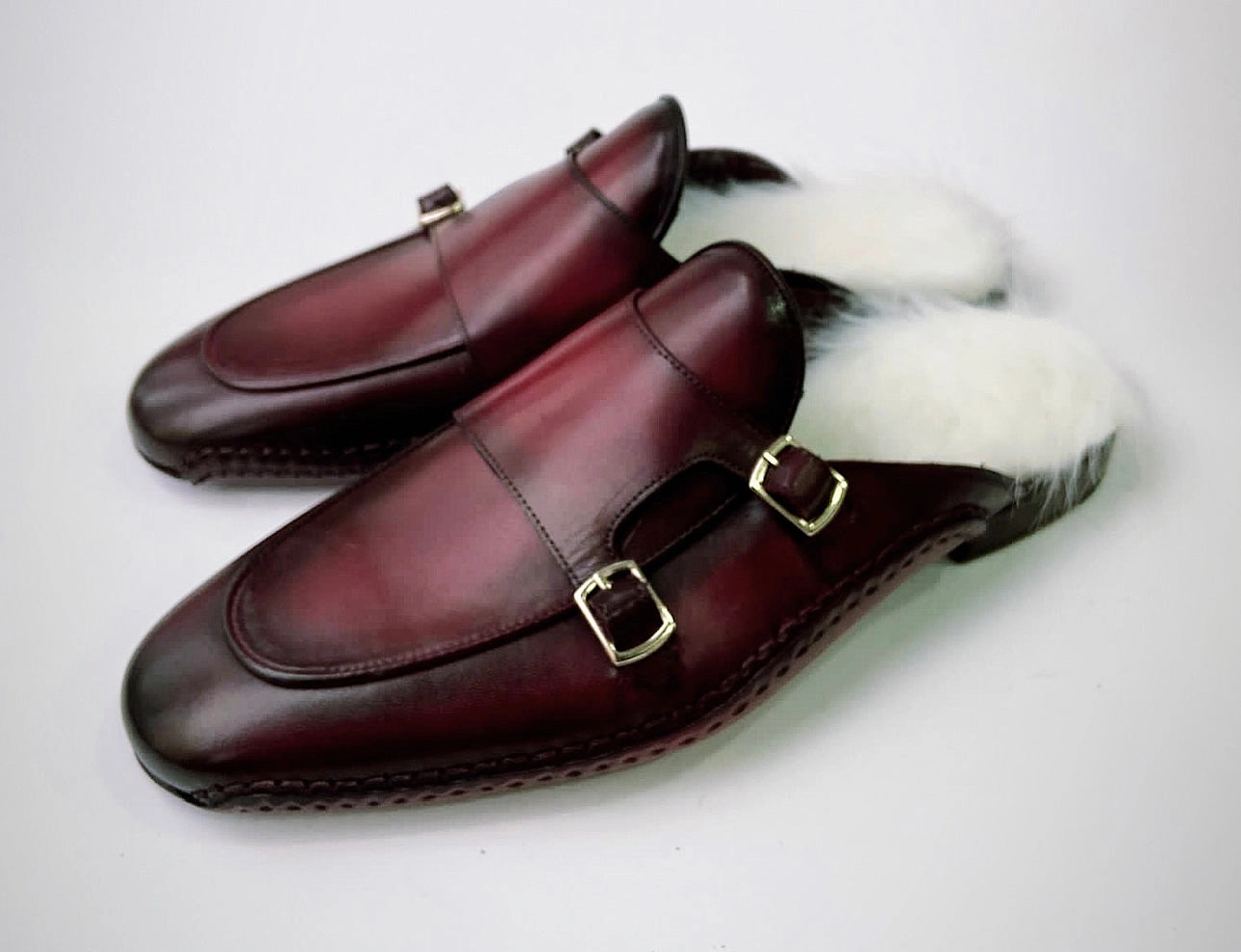Tucci Di Lusso Special Edition Mens Burgundy Handcrafted Italian Leather Luxury Slippers Mule with White Calf hair Insole Weezie Slippers