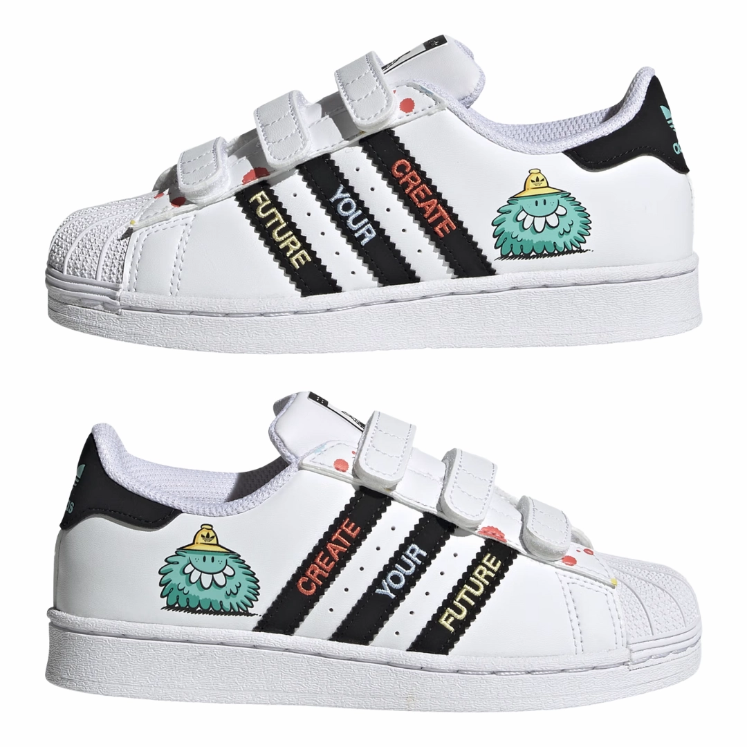 Adidas Shoes With Velcro Straps Adidas - Kid's Kevin Lyons x Superstar J 'Create Your Future' - Cloud White / Core Black / Radiant Aqua