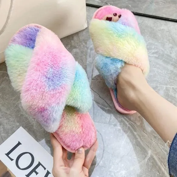 Terry Slippers Fashion colorful tie dye criss cross slippers furry warm winter house shoes