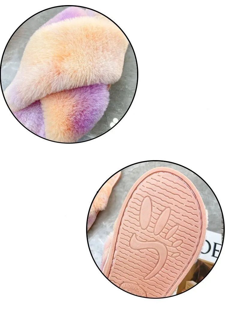 Cow Print Slides Fashion colorful tie dye criss cross slippers furry warm winter house shoes