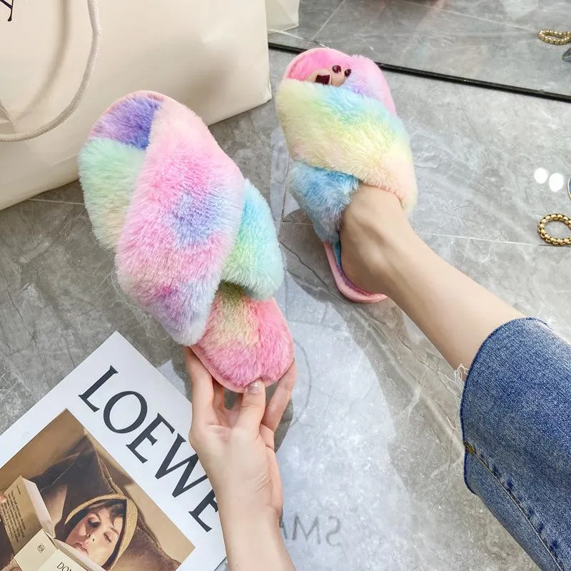 House Slippers Size Fashion colorful tie dye criss cross slippers furry warm winter house shoes
