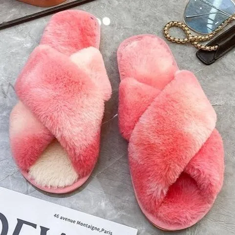 Bears Slippers Fashion colorful tie dye criss cross slippers furry warm winter house shoes
