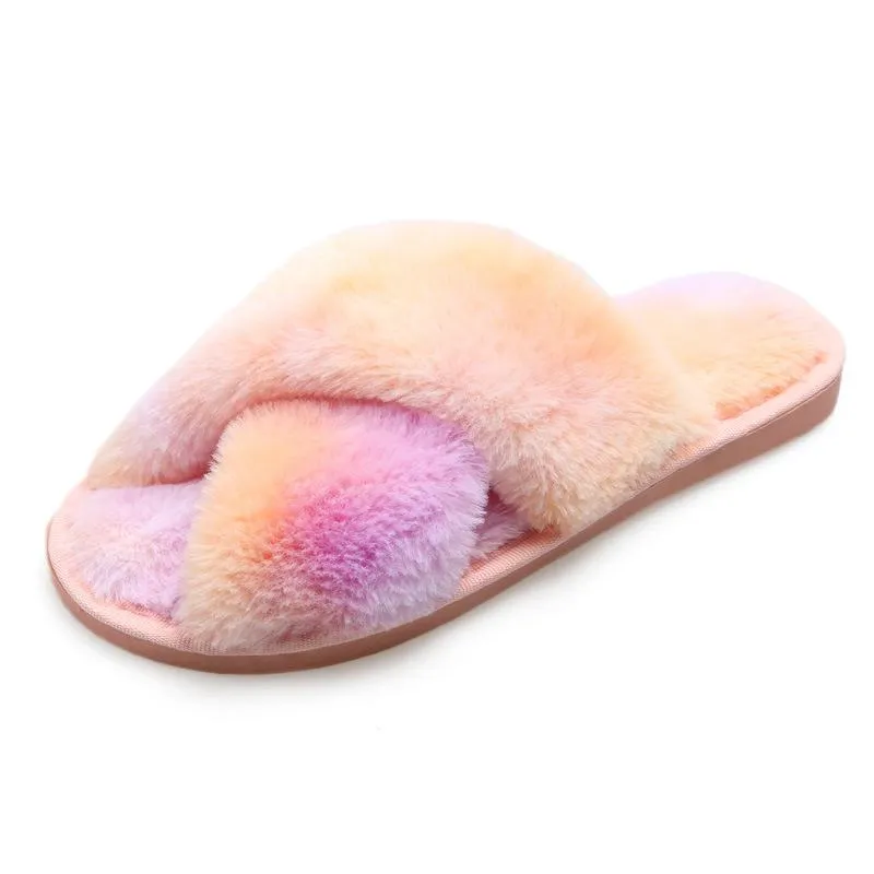 Fashion colorful tie dye criss cross slippers furry warm winter house shoes Paranorman Slippers
