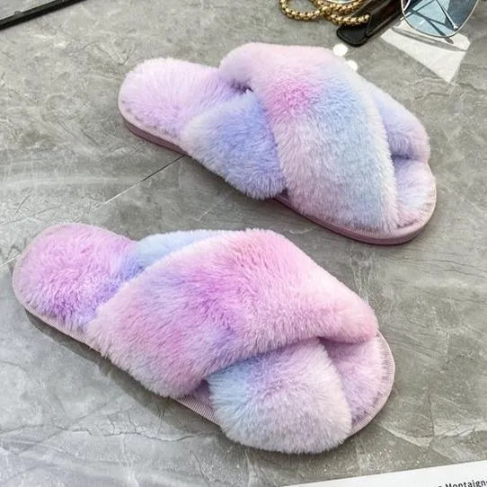 Champagne Slippers Fashion colorful tie dye criss cross slippers furry warm winter house shoes