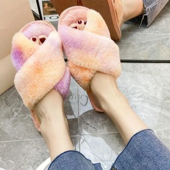 Hmart Slippers Fashion colorful tie dye criss cross slippers furry warm winter house shoes