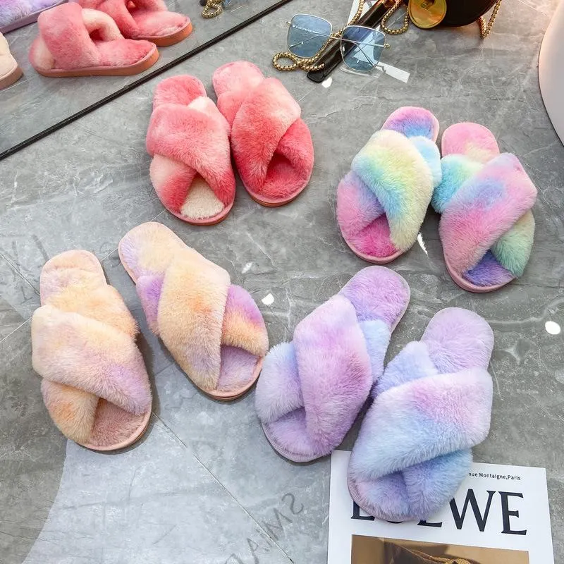 Fashion colorful tie dye criss cross slippers furry warm winter house shoes Natural Reflections Slippers