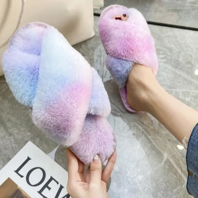 Slippers With A Hard Bottom Fashion colorful tie dye criss cross slippers furry warm winter house shoes