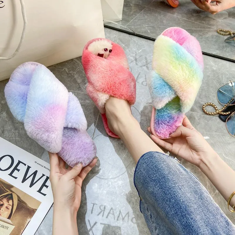 Fashion colorful tie dye criss cross slippers furry warm winter house shoes Slippers Name