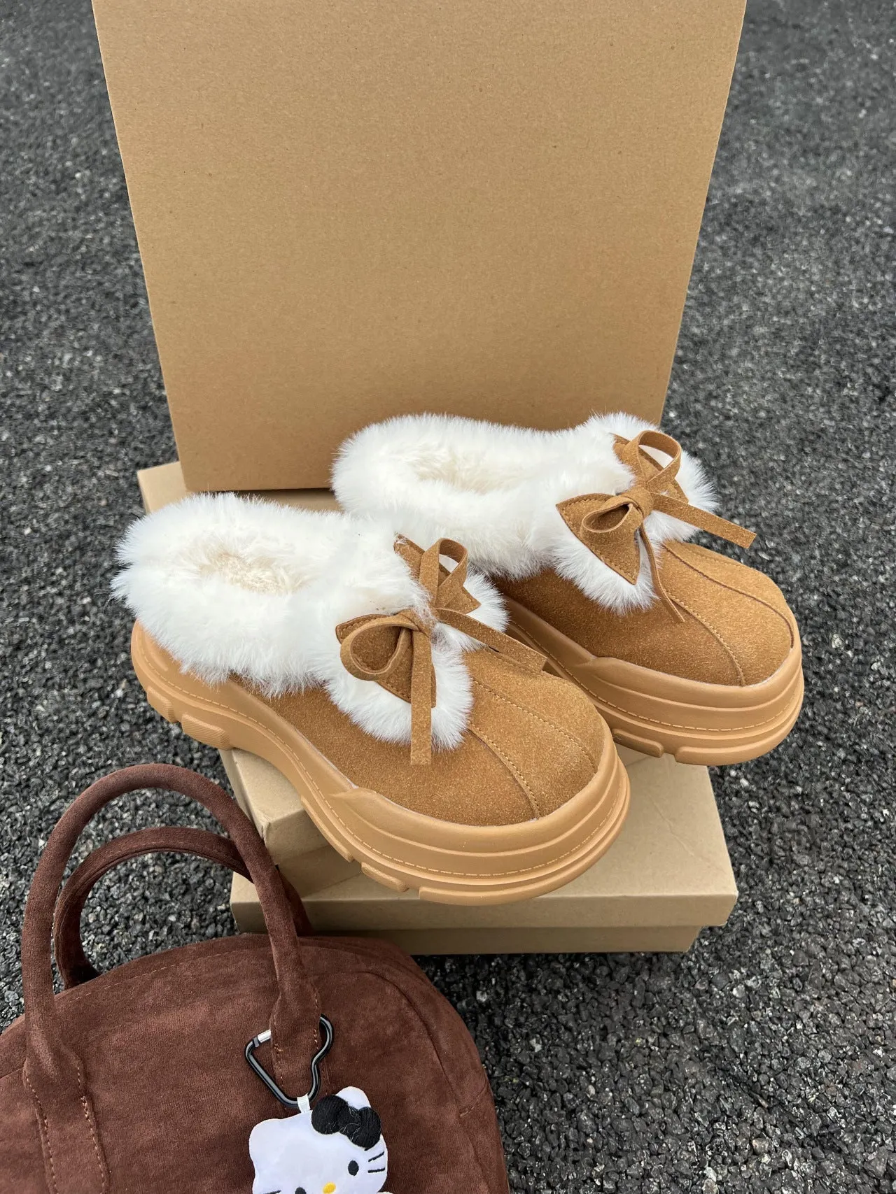 Desginer Slides Warm Faux Fur Lined Platform Slippers with Bow Detail
