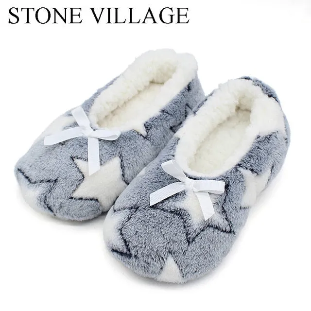 Winter Women Star Flock Soft Plush Slipper Winter Shoes Woman Butterfly-Knot Indoor Floor Shoes Women Slipper Shoes Pink Navy Slippers Bottom