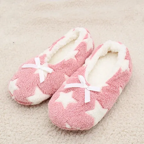 Kitten Heeled Slippers Winter Women Star Flock Soft Plush Slipper Winter Shoes Woman Butterfly-Knot Indoor Floor Shoes Women Slipper Shoes Pink Navy