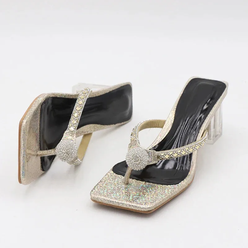 Liyke Mode Glitter Strass Frauen Transparent Low Heels Hausschuhe Kristall Strap Sandalen Schuhe Flip-Flops Offene spitze Rutschen Ballet Crochet Slippers