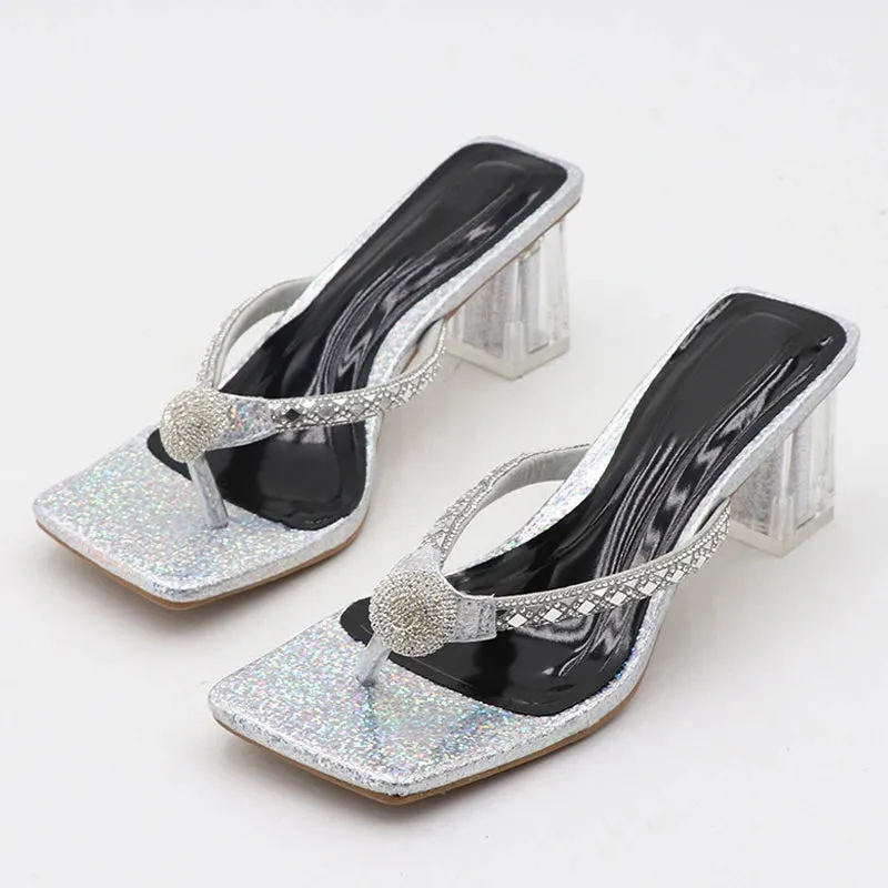 Slippers With Heel Liyke Mode Glitter Strass Frauen Transparent Low Heels Hausschuhe Kristall Strap Sandalen Schuhe Flip-Flops Offene spitze Rutschen