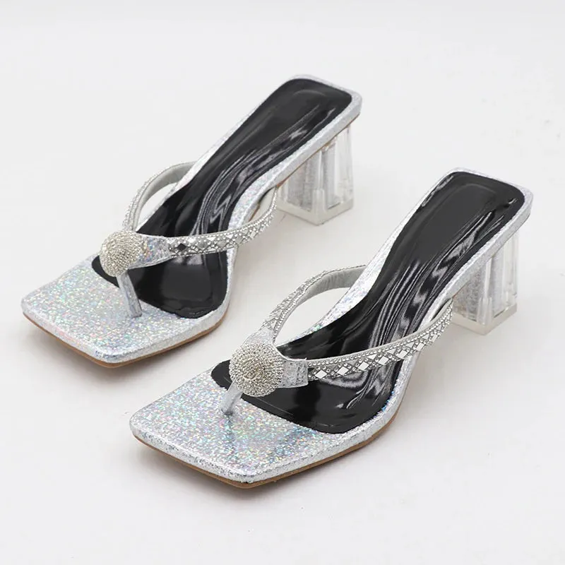 Crochet Easy Slippers Liyke Mode Glitter Strass Frauen Transparent Low Heels Hausschuhe Kristall Strap Sandalen Schuhe Flip-Flops Offene spitze Rutschen